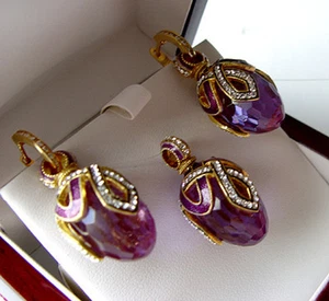 SALE ! SUPERB ENAMEL EGG PENDANT & EARRINGS SET STERLING SILVER 925 w/ AMETHYST - Picture 1 of 1