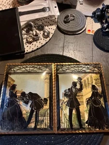 5 Vintage Convex Bubble Glass Reverse Painted Silhouette Pictures - Picture 1 of 2