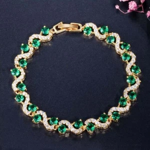 Lab Created Emerald & Diamond 14K Yellow Gold Plated Crystal Bangle Bracelets - Picture 1 of 4