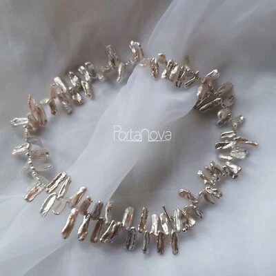 Collana di Perle Bianche Barocche Naturali al 100%, Argento S925 - Immagine 1 di 4