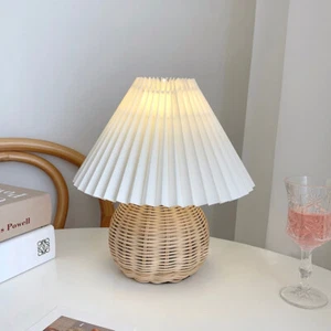 Vintage Rattan Woven Base Table Lamp Fabric Shade Bedroom Desk Lamp Lighting - Picture 1 of 12