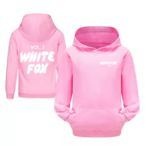 Kids Pocket Hoodie White Print Fox Youtube Hooded Sweatshirt Pullover Jumper Top - Picture 1 of 24