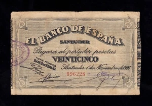 F.C. BANCO DE SANTANDER , 25 PESETAS 1936 , B/C+ . - Imagen 1 de 2