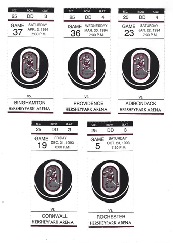 1993-94 Hershey Bears (AHL) Ticket Stubs--lot of 5 different Cover