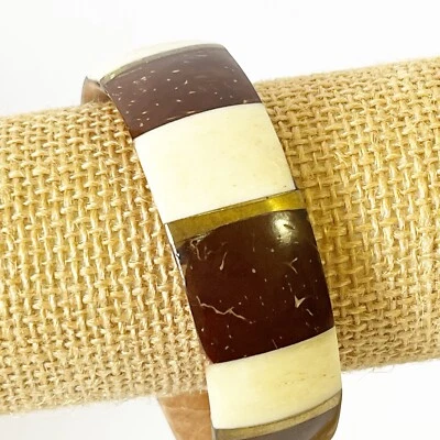 Vintage De Renaudin Natural Horn Bangle Bracelet Cuff Canada Brown Cream Boho - Image 1 of 4