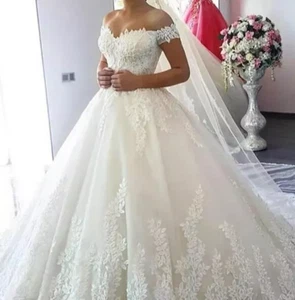 Princess Sweetheart Wedding Dresses Off the Shoulder Lace Appliques Bridal Gowns - Picture 1 of 9