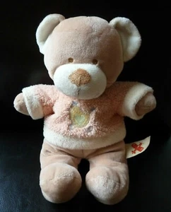 F4. DOUDOU PELUCHE NICOTOY OURS PULL ORANGE BEIGE POULE POUSSIN 26cm  EXC. ETAT - Picture 1 of 1