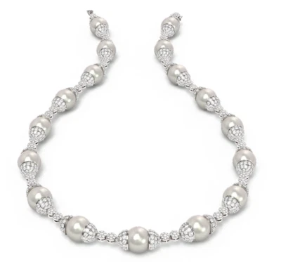 Bonito collar premium de perlas blancas brillantes y diamantes blancos creados en laboratorio de 27,47 quilates Foto 1 de 4