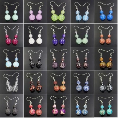 Pendientes colgantes gancho chapado en plata cuentas redondas piedras preciosas surtidas naturales de 6 mm 10 mm Foto 1 de 4