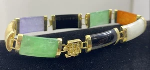 14K Gelbgold mehrfarbig Jade gekappt Stab Gliederarmband Glücksbringer 7 1/4" 12,4 g - Bild 1 von 22