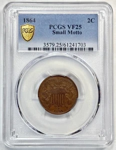 1864 2C PCGS VF25 (pequeño lema) - dos centavos - fecha clave rara variedad de monedas tipo EE. UU. - Imagen 1 de 4