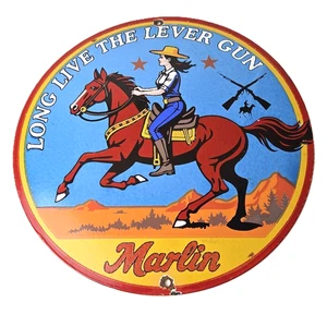 Vintage Marlin Firearms Porcelain Sign - Long Live Lever Gun Advertisement Sign - Picture 1 of 14
