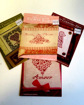 4 LOT JBW Designs "French Country" cross stitch charts Floral DOG Hearts - Image 1 of 4