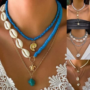 Bohemian Pottery Beads Necklace with Metal Sun Pendant and Layered Chains - Picture 1 of 43