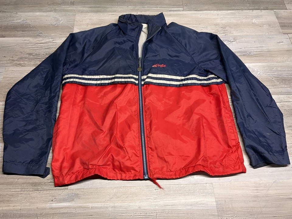 Jaqueta Dolfin Vintage Anos 80 90 Quebra-Vento Azul Vermelho Colorblock Fabricada nos EUA Tamanho G - Imagem 1 de 4