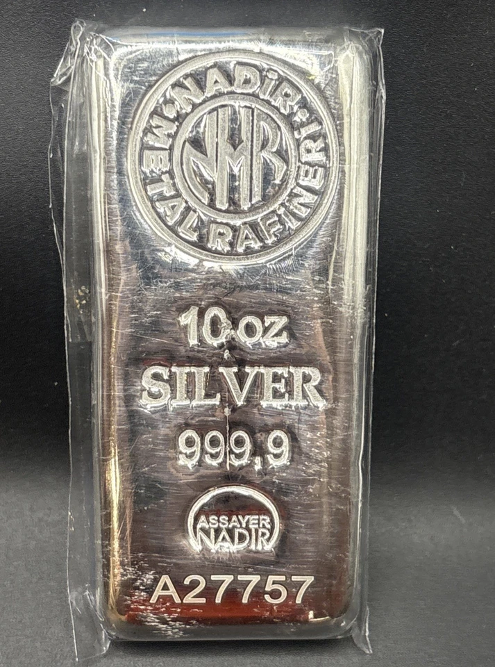 Barra de plata de 10 onzas - Refinería de metal Nadir - 999,9 fina - Certificado presente Foto 1 de 3