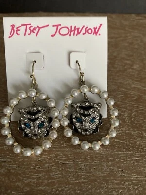 Betsey Johnson Two Tone Imitation Pearl & Crystal Tiger Drop Earrings - Image 1 of 3