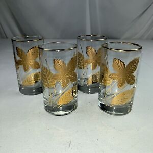4 Gold Leaf Glasses Golden Foliage  High Ball 5" Tall Mid Century Culver Style
