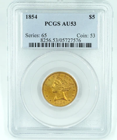 1854 PCGS AU53 $5 Gold Liberty Half Eagle Cover