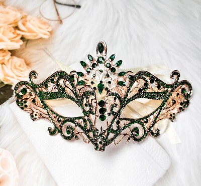 Masquerade Mask Luxury Emerald Crystal, Rhinestone Eye Mask, Elegant Party Mask - Image 1 of 4