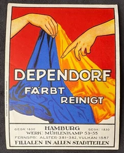 HAMBURG GERMANY-DEPENDORF FABRIC CO. LABEL-COLORI VIVACI-TESSUTO TENUTO A MANO - Foto 1 di 2