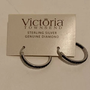 GENUINE BLACK DIAMOND VICTORIA TOWNSEND 925 STERLING SILVER WOMENS HOOP EARRINGS - Picture 1 of 5