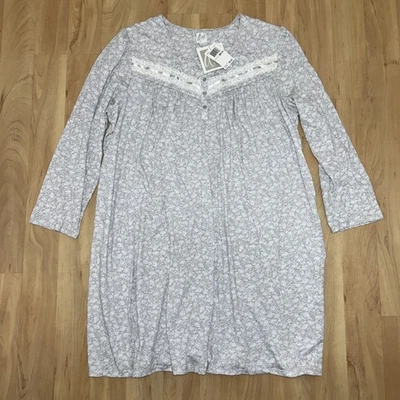 Camisón Aria Mujer 1X Manga Larga Cuello Barco Gris Blanco Floral Nuevo Foto 1 de 4