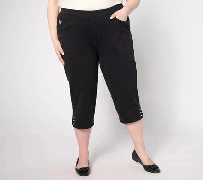 Quacker Factory DreamJeannes Short Mini Faux Pearl Capri Pant Black XXS A636664 - Image 1 of 2