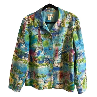 Coldwater Creek, Size Large, Colorful Paris Print Blazer, Linen Blend, Artsy - Image 1 of 4