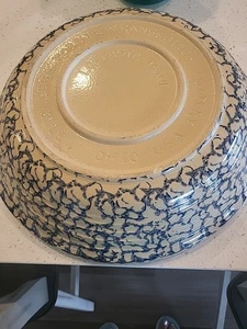 Vtg Roseville Pottery RRP Co Blue Spongeware 13.5" LG Pasta Serving Bowl Ohio - Picture 1 of 6