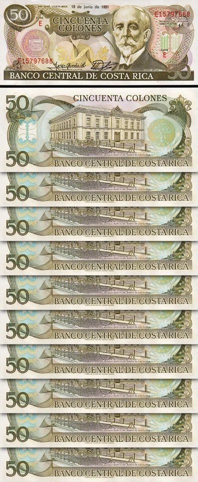 Costa Rica 50 Colones 1991, UNC, LOTE DE 10 Piezas, P-257 Foto 1 de 4