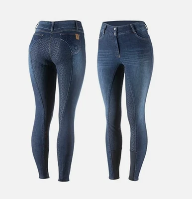 Horze Kaia Womens High Waist Denim Silicone Full Seat Breeches - Dark Blue - 34 - Image 1 of 4