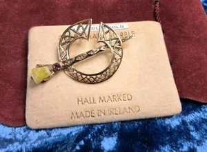 Vintage Connemara Marble 9kt Gold Irish Celtic Tara Brooch Pin Purple Gem Stone - Picture 1 of 13