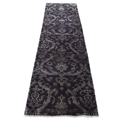 2'5"x9'8" Brown Damask Tone on Tone Wool and Silk Hand Knotted Runner Rug G87251 - Image 1 of 4