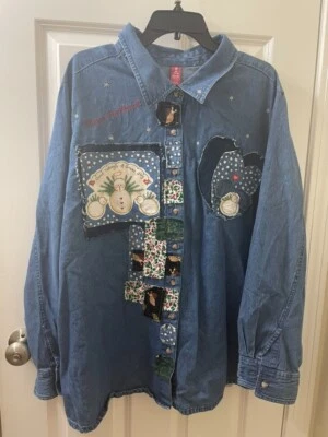 Camisa Vaquera Navidad Vintage Botones Bordados Patchworks HECHA A MANO 4xL Foto 1 de 4
