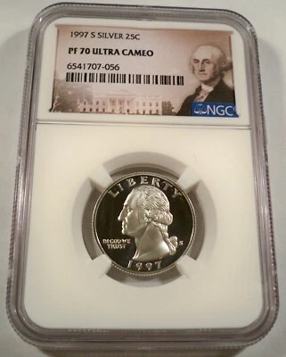 1997-S 25c SILVER NGC PF70UCAM WASHINGTON QUARTER COIN TILTED PROOF ULTRA CAMEO - Image 1 of 4
