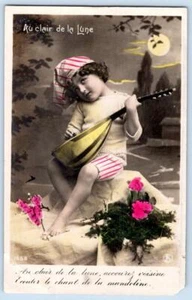 1908 RPPC HANDCOLORED CUTE CHILD PLAYS LUTE MANDOLIN MOONLIGHT FRENCH POSTCARD - Picture 1 of 2