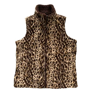 Three Hearts Womens Vest Size Small Brown Leopard Fleece Quilted Zip Up Faux Fur - Picture 1 of 8