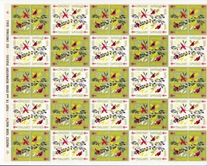 1966 Weihnachtssiegel voller Briefmarkenbogen USA - Vögel, Kardinäle - Bild 1 von 3
