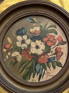 Seltener runder Rahmen antik signiert Blumenkunst Ölgemälde Blumen Gemälde Vintage - Bild 1 von 15