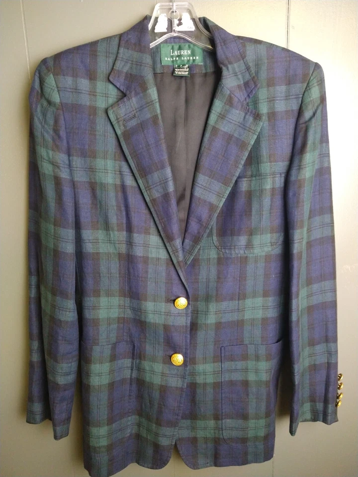 Lauren Ralph Lauren Jacket Women Sz 6 Black Watch Tartan Plaid Blazer 100% Linen - Image 1 of 4