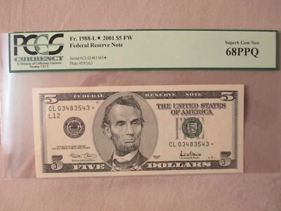 2001 $5 FRN STAR NOTE - CL 03483543* PCGS 68 PPQ - Image 1 of 2