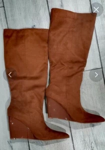 Brown wedge heel knee high long boot faux suede - Picture 1 of 4