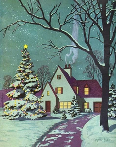 Winter Christmas Blue House by Snider - Picture 1 of 1