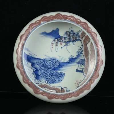 5"" China Antigua Dinastía Qing Azul Blanco Rojo Esmalte Patrón Paisaje Lavado a Pluma Foto 1 de 4