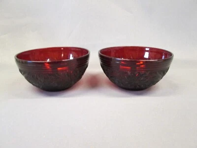SET 2 Anchor Hocking Glass Salad Soup BOWLS Sandwich Pattern RUBY RED Vintage - Image 1 of 4