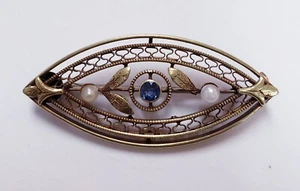 NEW PRICE! ANTIQUE ART DECO 1920S 14KT FILIGREE SAPPHIRE & PEARL PIN BROOCH - Picture 1 of 3