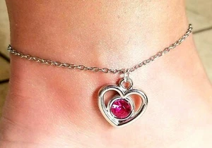 Silver Anklet Pink Crystal Heart Anklet Silver Ankle Bracelet Heart Jewelry - Picture 1 of 4