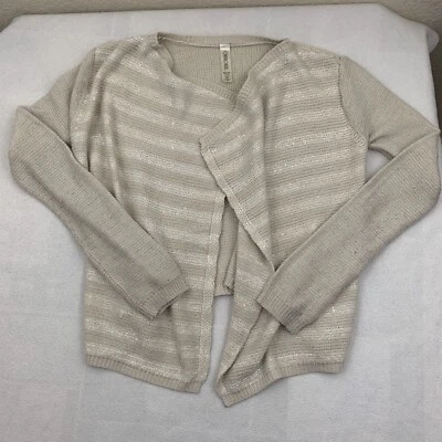 Suéter de malha Cherokee feminino tamanho XL frente aberta listra bege prata brilho 14 16 - Imagem 1 de 4