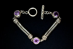 Brazalete de eslabones tejidos de malla de plata de ley 925 cabujones de amatista marcado FNR FN @ - Imagen 1 de 7